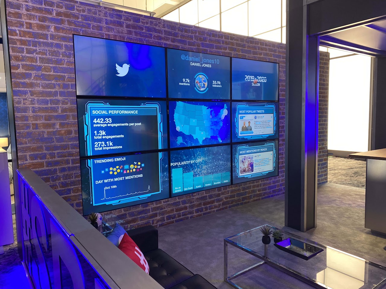 Finished social-media Display combining branded content, visual hierarchy and live data for large-format viewing.